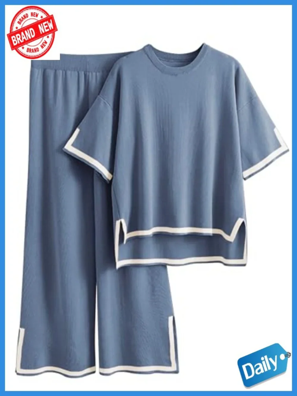 2 Piece Lounge Set Short Sleeve Knit Pullover Top Wide Leg Pants